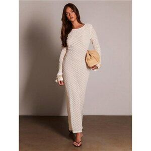 NewAthîral Women's Sheer Crochet Pearl Beaded Longlseeve Maxi Dress, Spring